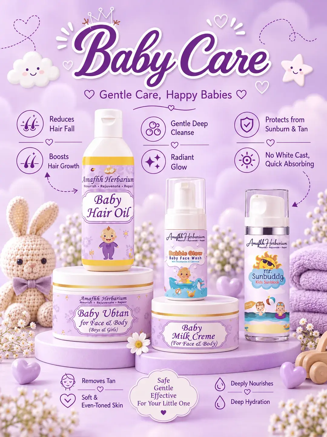 Baby Care — gentle care, happy babies. Baby hair oil, ubtan, milk creme, Bubble Glow face wash and Mr Sunbuddy kids sunblock. Shop baby care.