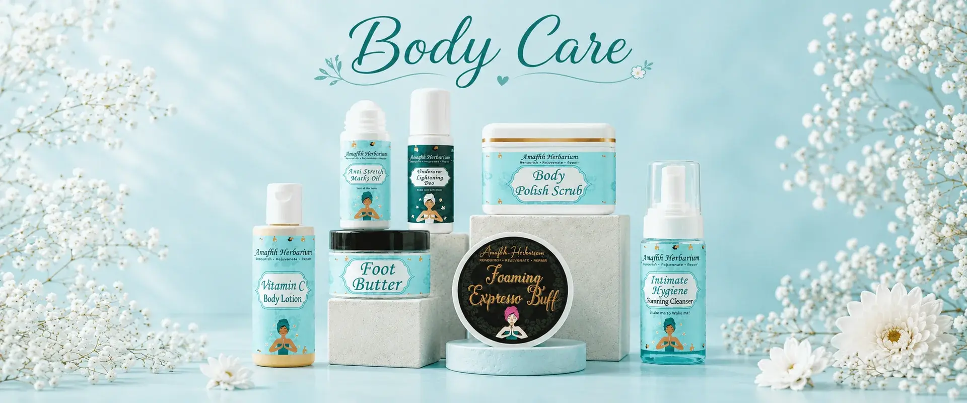 Body Care — body polish scrub, vitamin C body lotion, foot butter, deodorant and intimate hygiene wash. Shop the range.