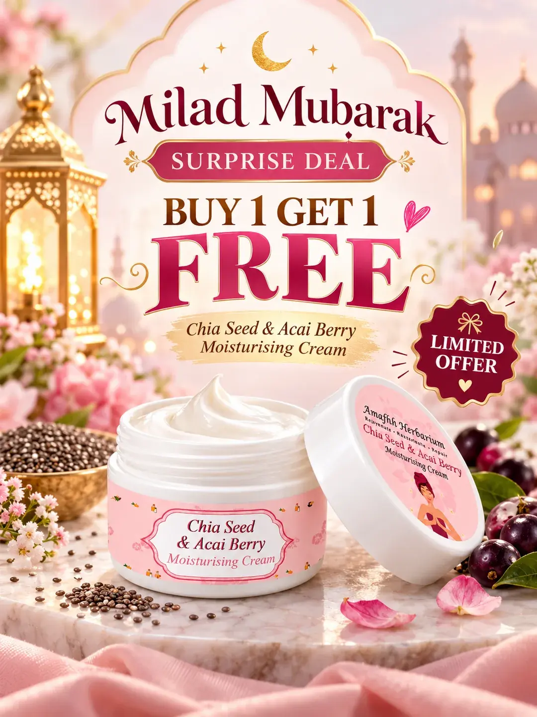 Milad Mubarak Surprise Deal — Buy 1 Get 1 Free on Chia Seed & Acai Berry Moisturising Cream. Limited offer.