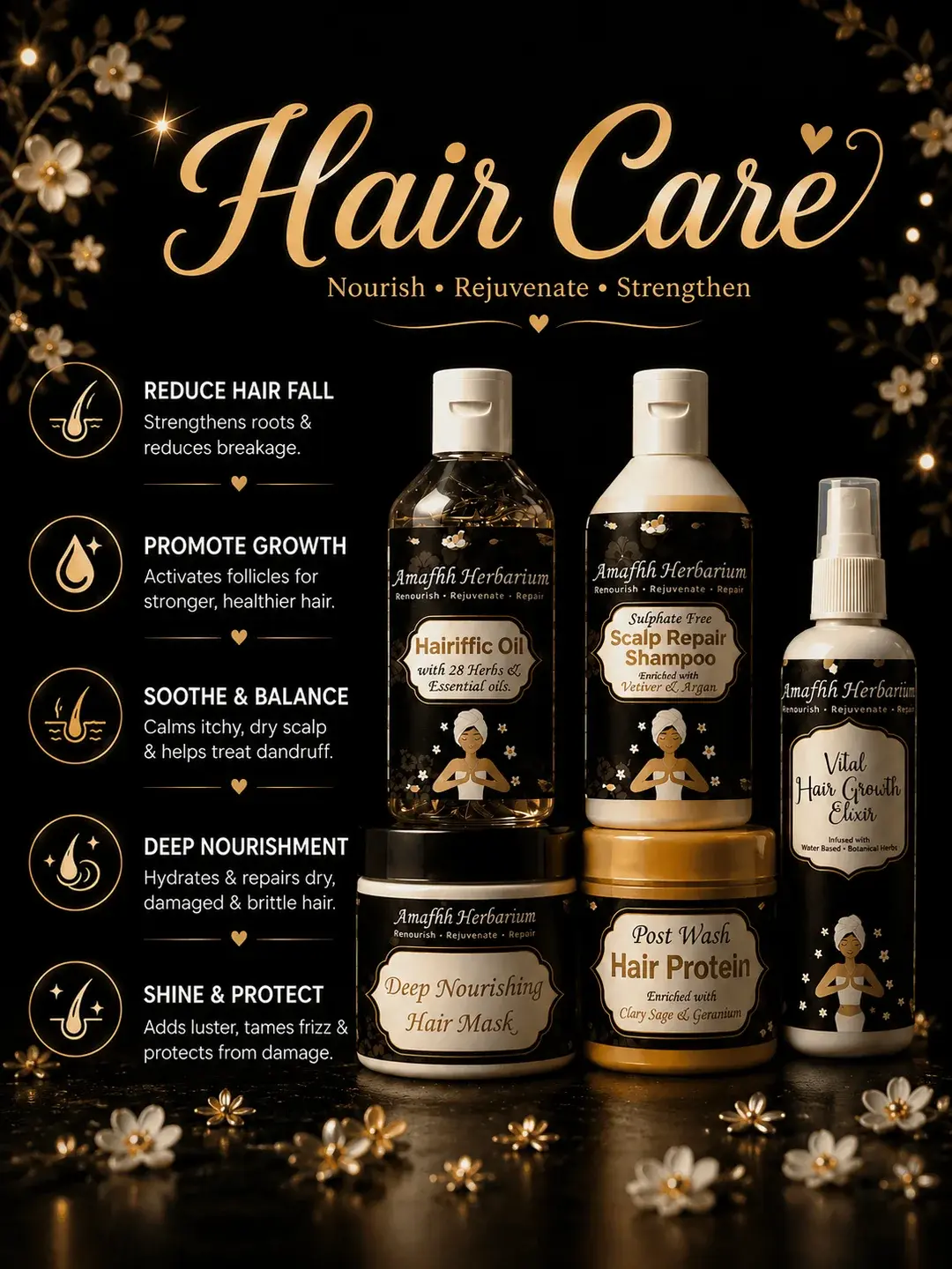 Hair Care — nourish, rejuvenate, strengthen. Reduces hair fall, promotes growth and soothes a dry scalp. Shop hair care.