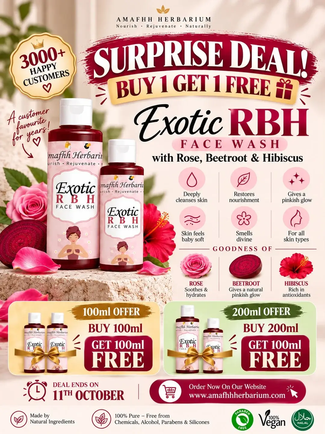 Surprise Deal — Buy 1 Get 1 Free on Exotic RBH Face Wash: buy 100ml, get 100ml free; buy 200ml, get 100ml free. Deal ends 11th October.