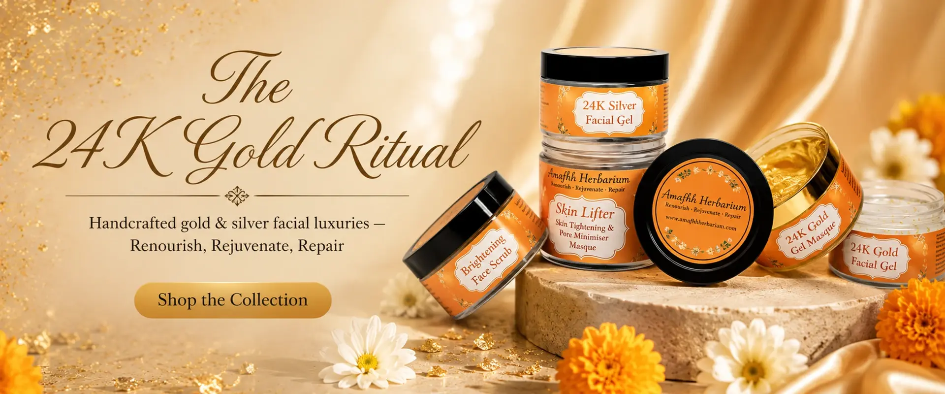 The 24K Gold Ritual — handcrafted gold & silver facial luxuries. Shop the collection.