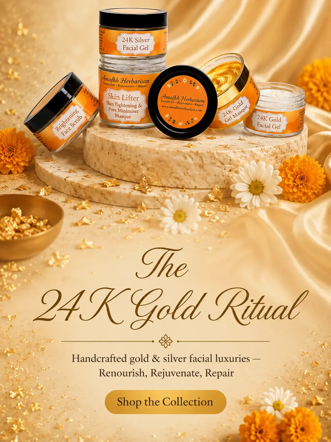 The 24K Gold Ritual — handcrafted gold & silver facial luxuries. Shop the collection.
